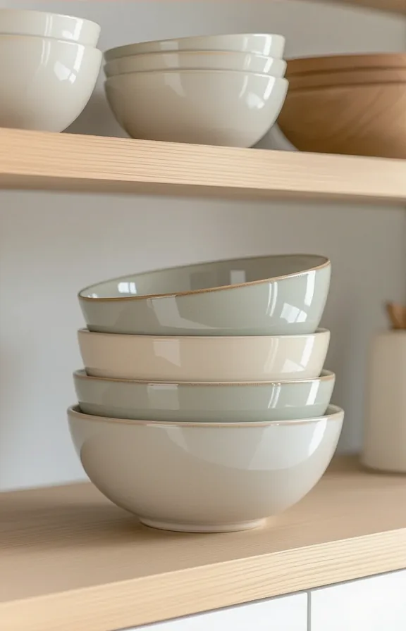 3/4 view open kitchen shelving. collection three stoneware