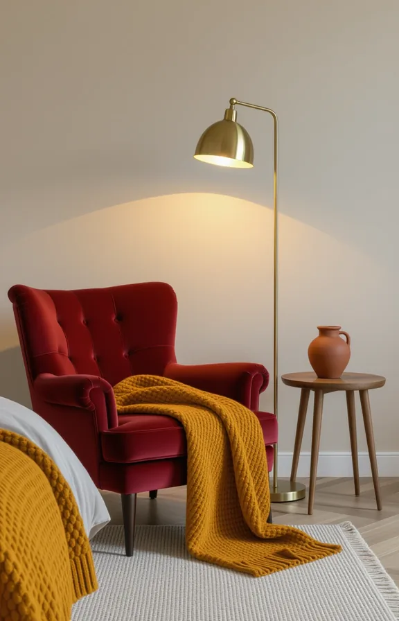 Medium cozy bedroom corner with oxblood velvet armchair