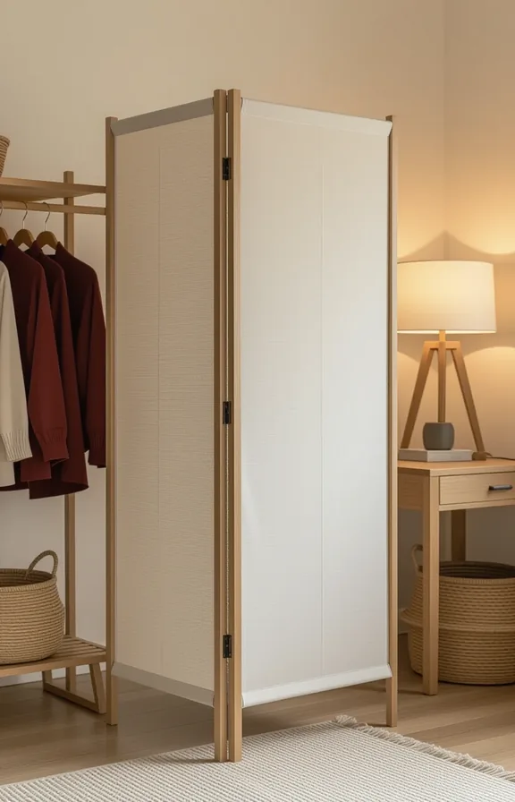 Eye-level vertical shot tall freestanding canvas room divider