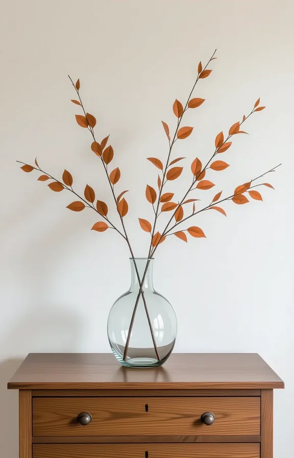 Vertical tall clear glass vase holding minimalist arrangement