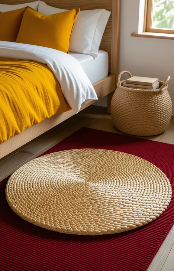 large round woven seagrass floor mat placed beside