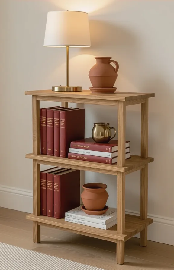 Vertical slim freestanding wooden open shelf unit with