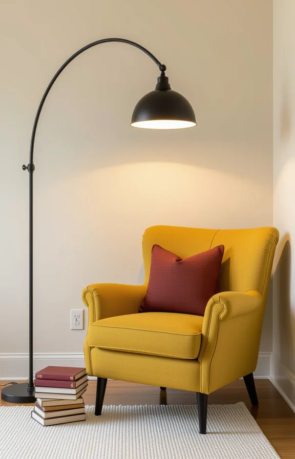 Medium shot from eye-level compact reading nook with