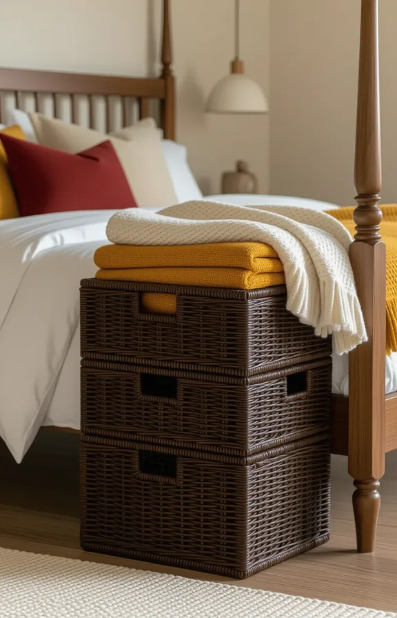Medium 3/4 view shot three dark-stained rattan storage