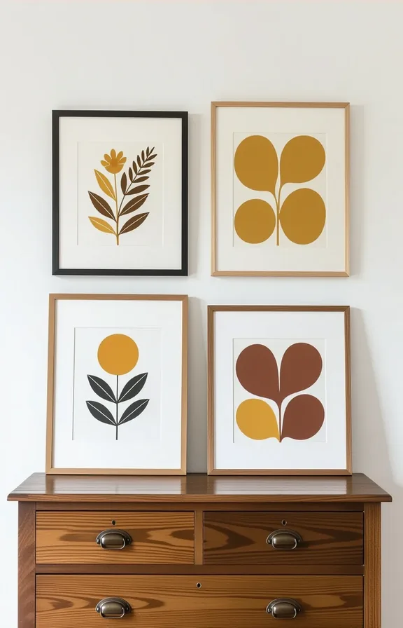 Vertical collection five framed art prints and photographs