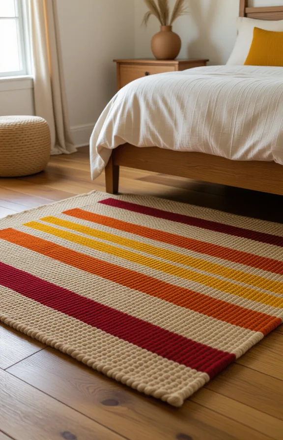 Medium shot from eye-level layered rug situation wooden