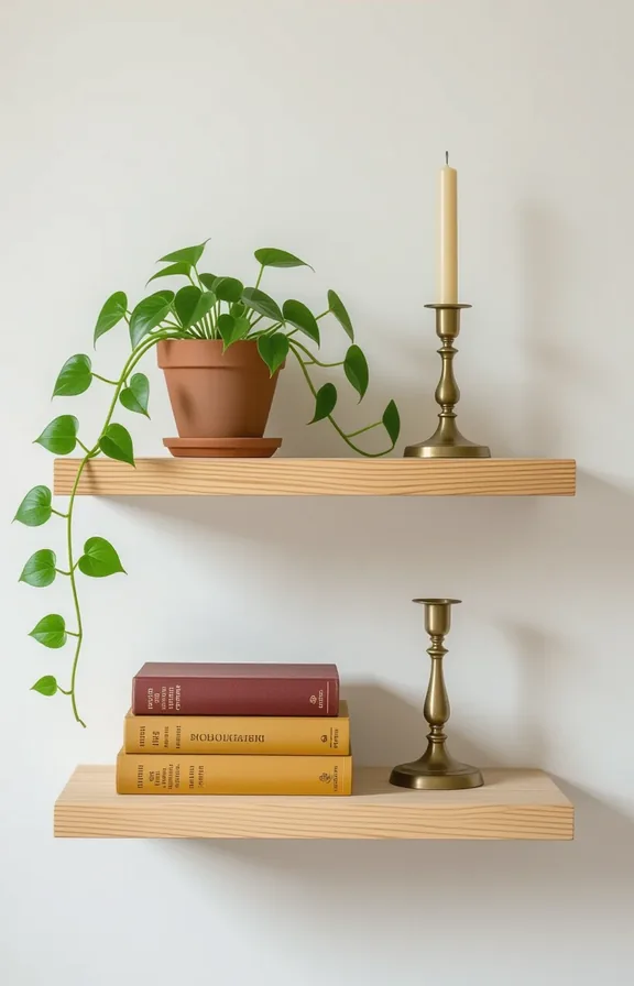 3/4 view simple floating wooden shelf mounted with