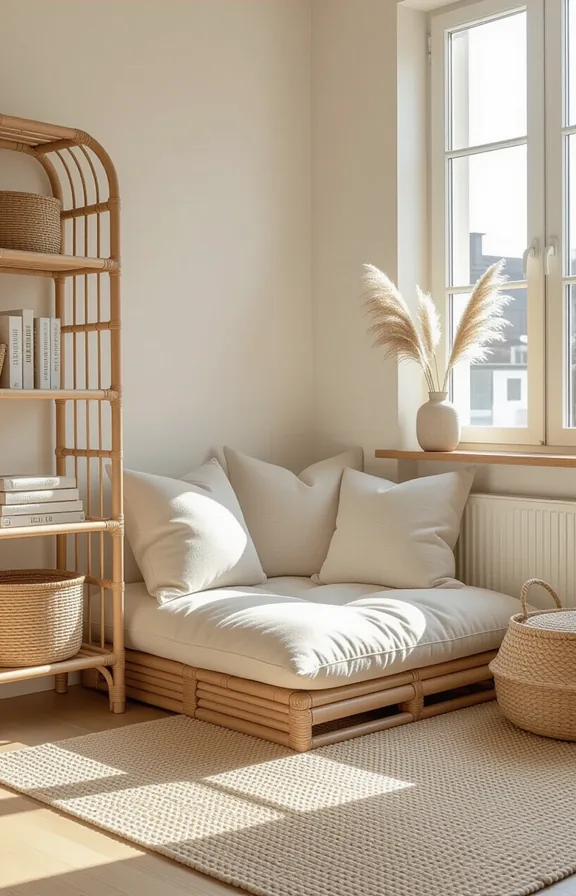 Eye-level medium shot compact reading nook small apartment's
