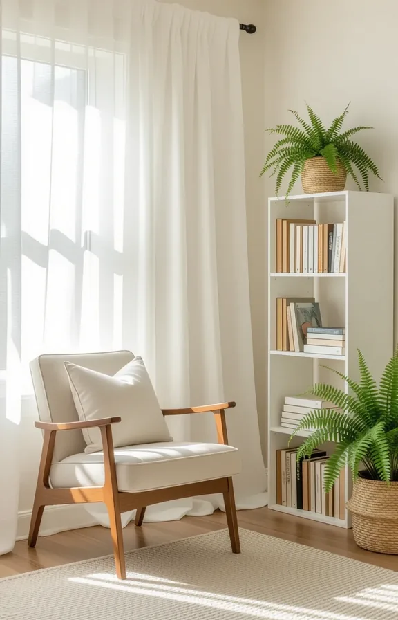 Medium wide shot reading alcove created with temporary tension rod and sheer linen curtains framing a cozy corner.