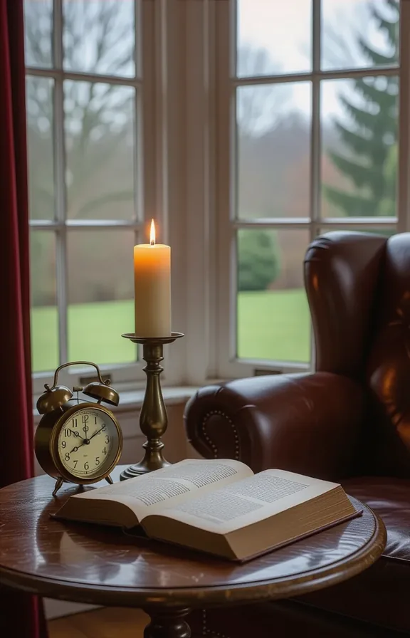 Three-quarter view medium shot intimate evening reading corner.