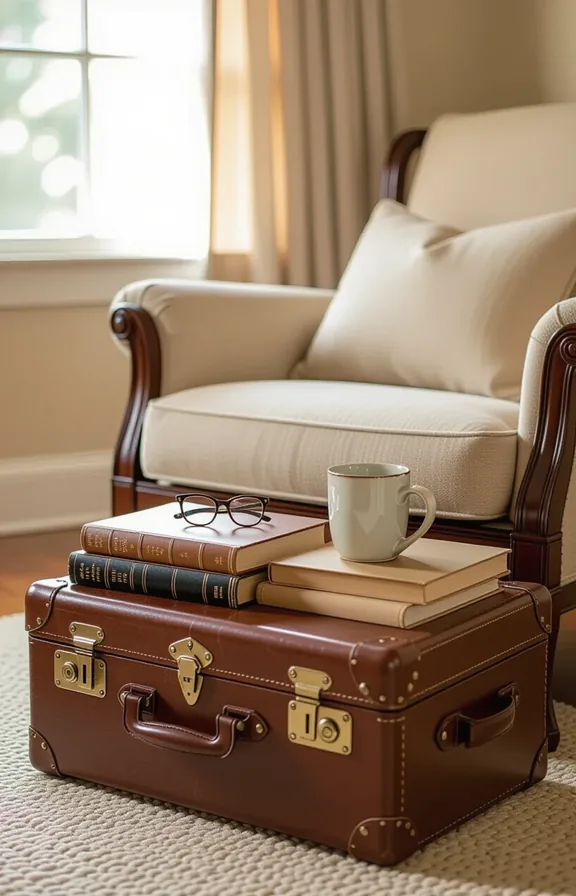 Eye-level medium shot vintage suitcase repurposed portable book