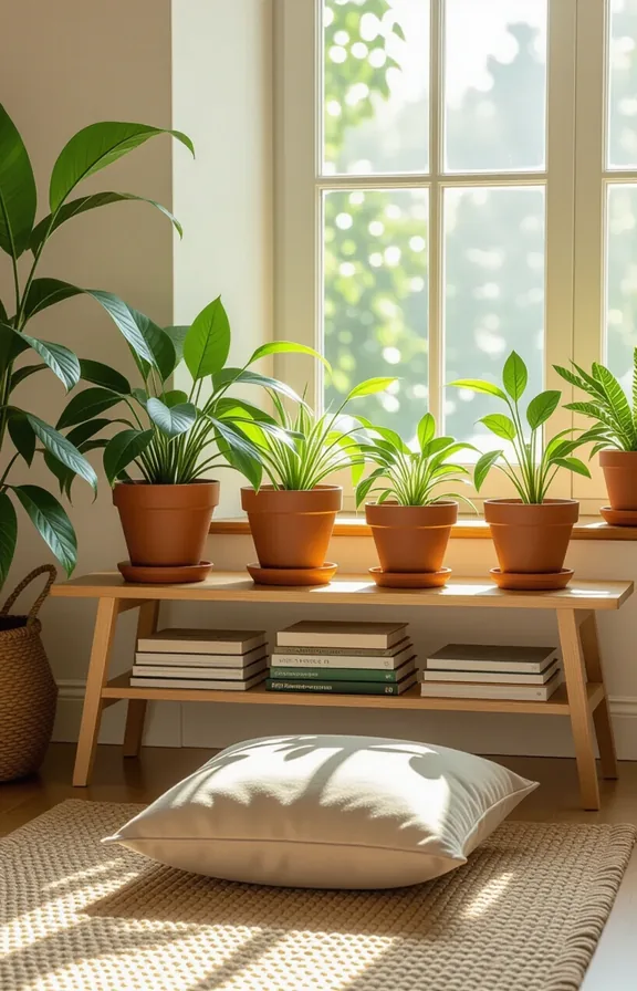 Three-quarter view medium shot plant-filled shelf base for