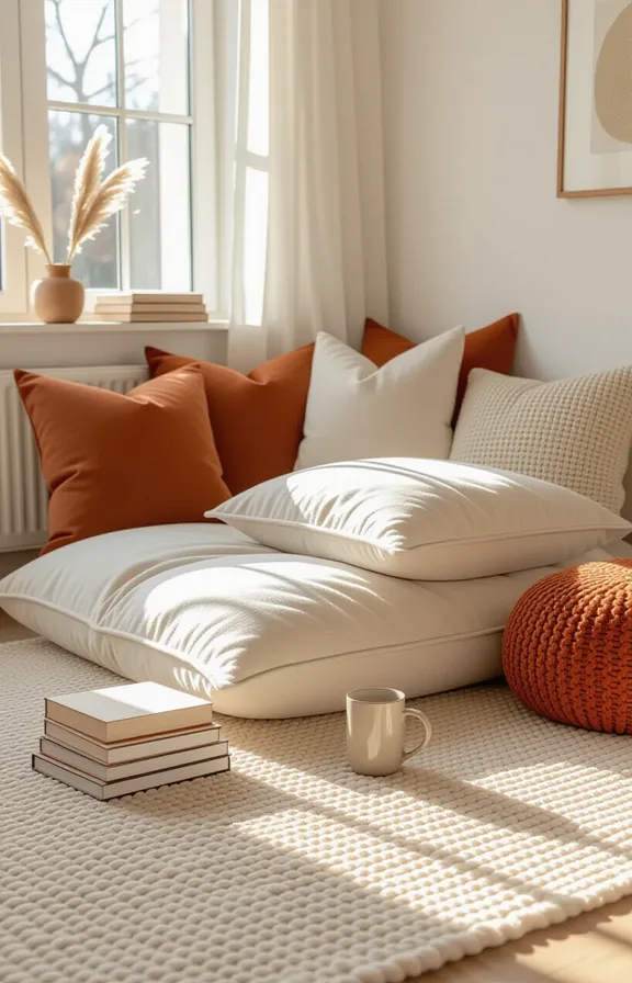 Eye-level medium shot low-sitting reading area small living
