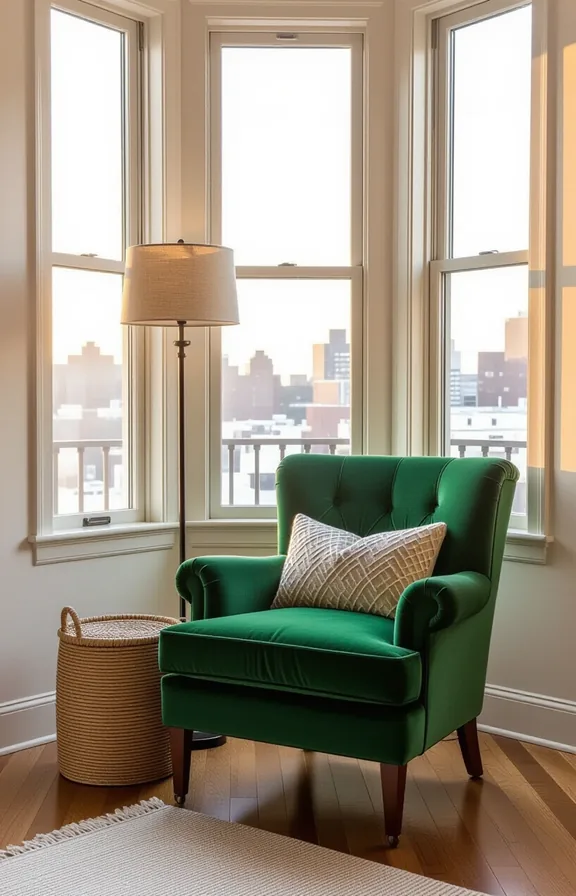 Eye-level medium shot plush reading chair placed small