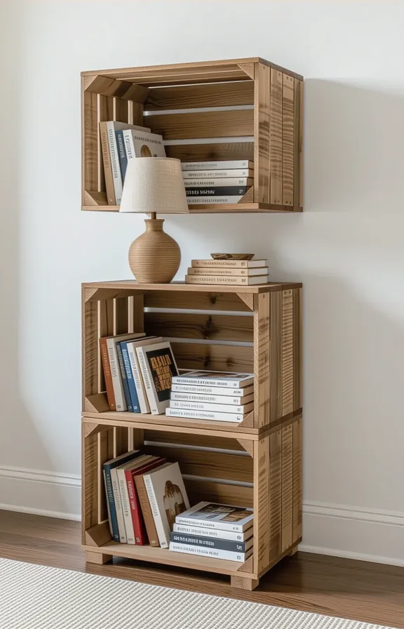 Eye-level medium shot inventive book storage solution rental.