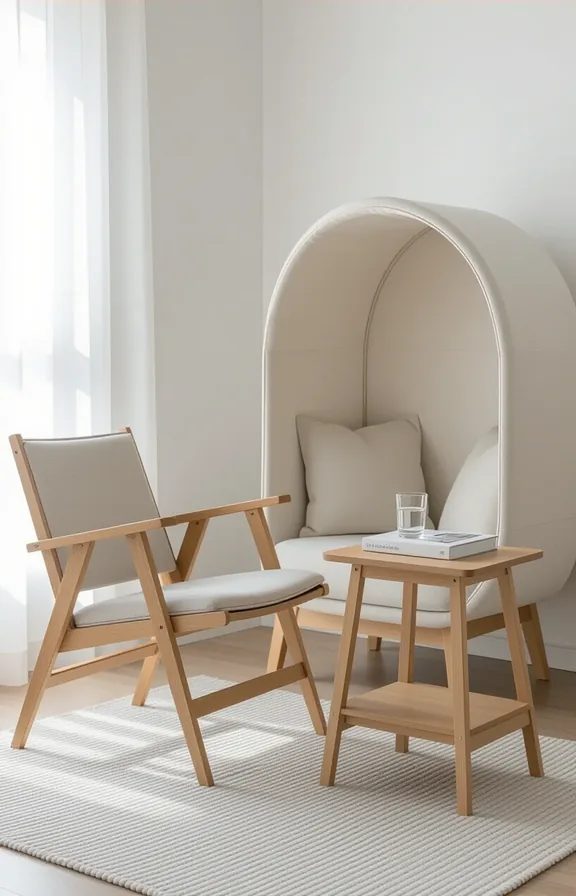 Three-quarter view medium shot minimalist reading pod studio