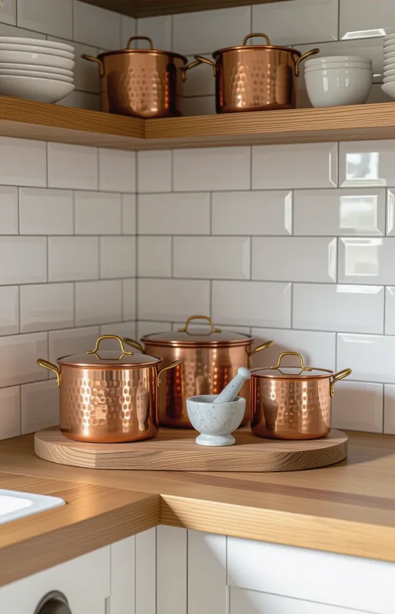 Eye-level view small wooden corner shelf kitchen holding