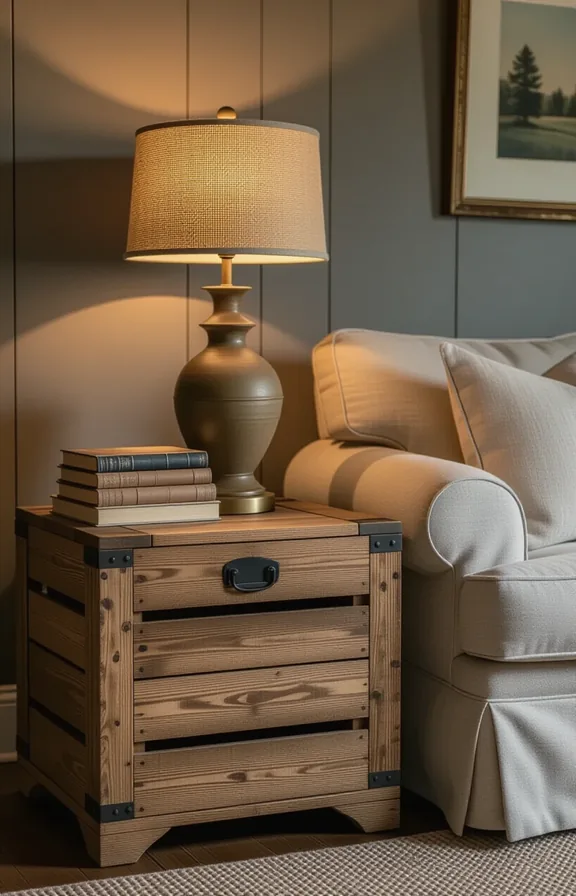 Medium shot vintage wooden crate repurposed side table