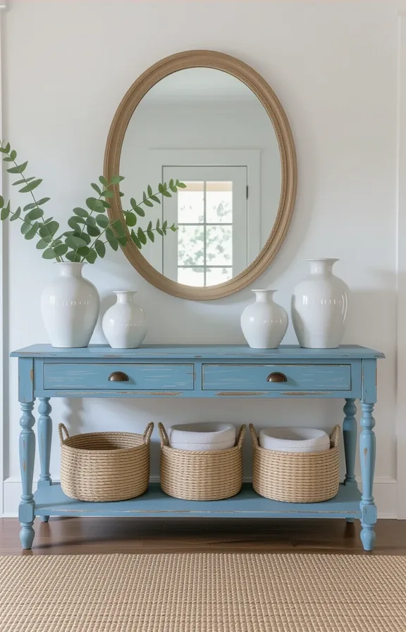 Three-quarter view long narrow console table with weathered