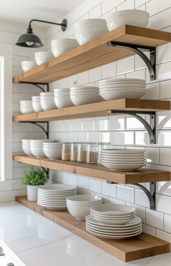 Wide shot set open wooden shelves rustic bracket