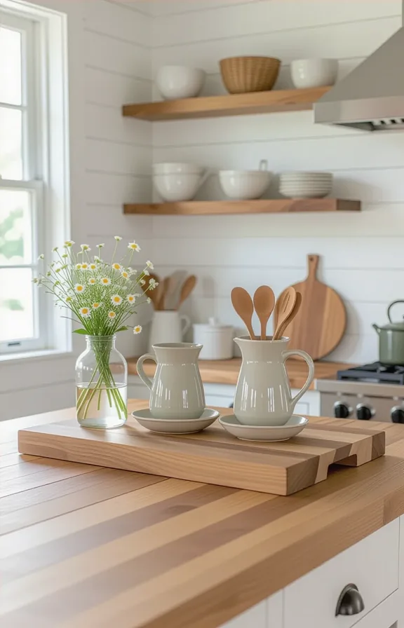 Eye-level view rustic wood butcher block island used