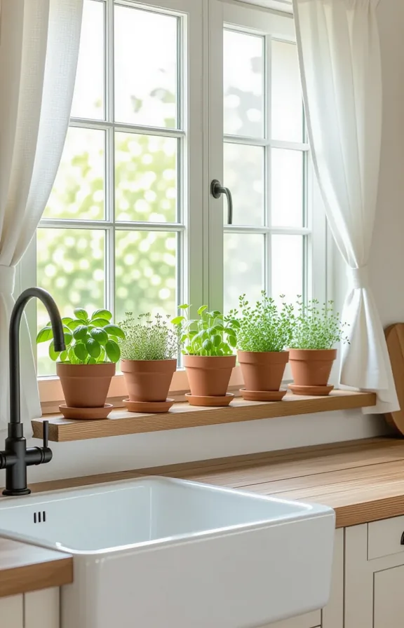 Three-quarter view rustic wood floating shelf below kitchen