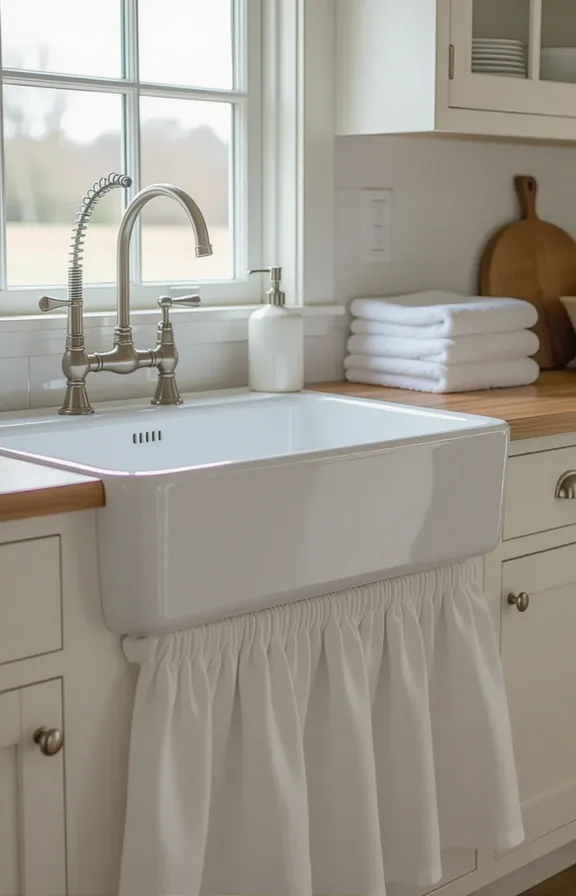 Medium shot farmhouse kitchen sink with simple white