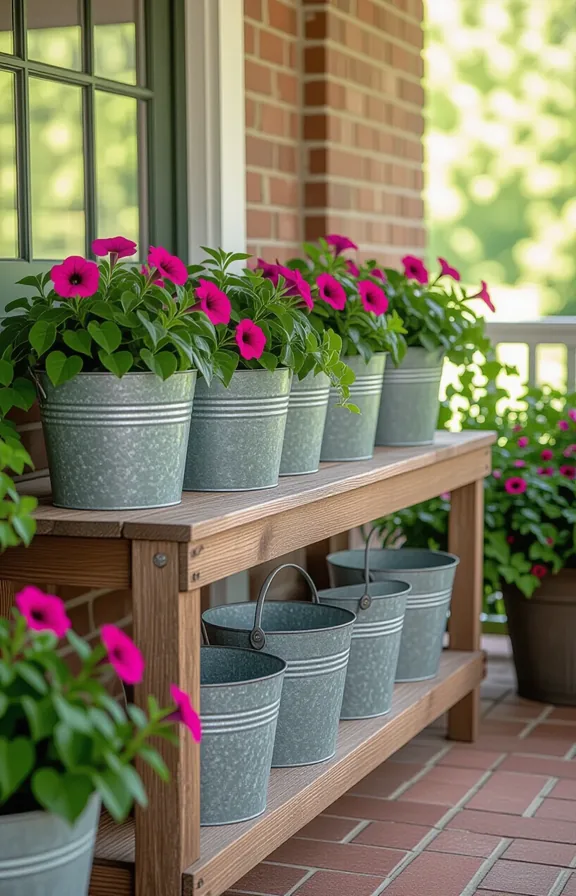 Wide shot collection vintage galvanized metal buckets and