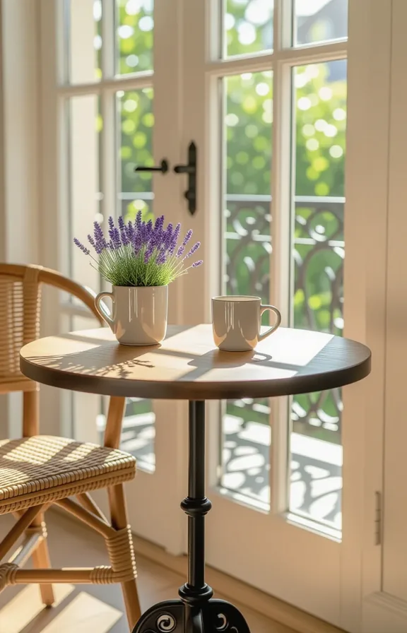 Eye-level view small round bistro-style cafe table with