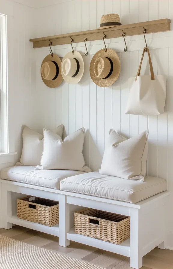 Three-quarter view freestanding bench with simple beadboard backrest