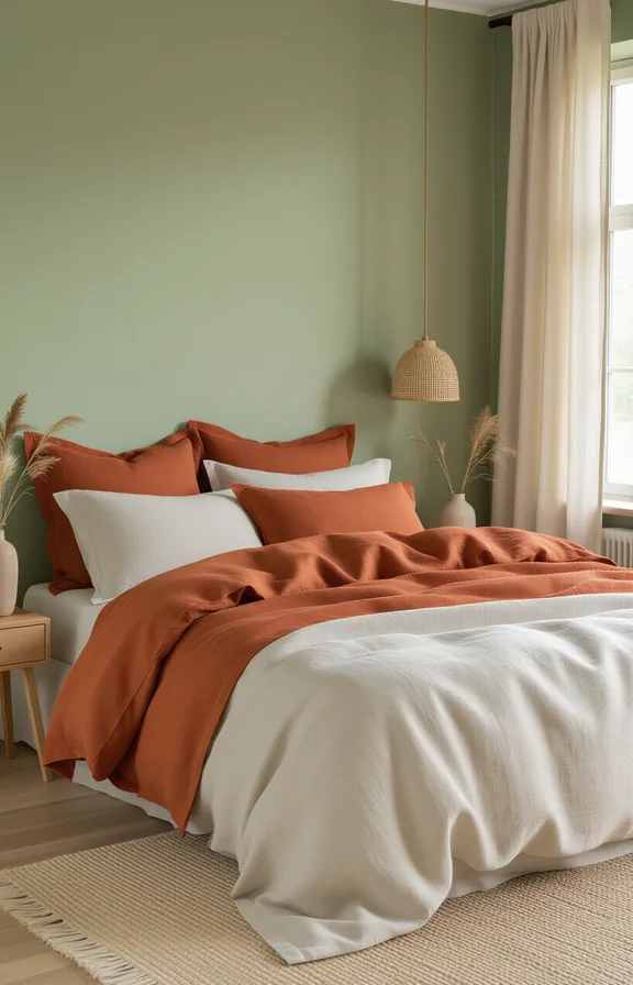 Medium shot bed dressed layered natural linen bedding