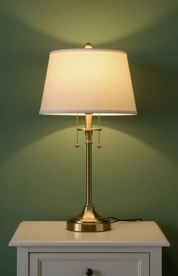 Medium shot simple brass table lamp with cream
