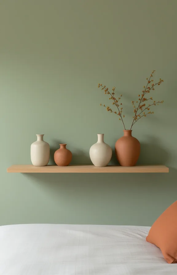 Medium shot long floating oak shelf displaying few