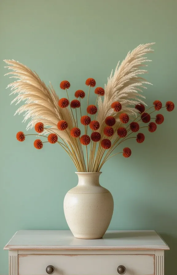 Medium shot vase dried pampas grass and rust-coloured
