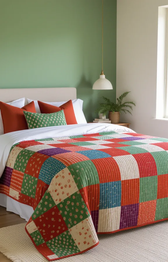 Medium shot folded Kantha quilt rust sage and