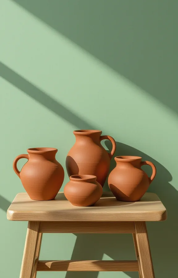 3/4 view collection slab-built clay pottery earthy rust