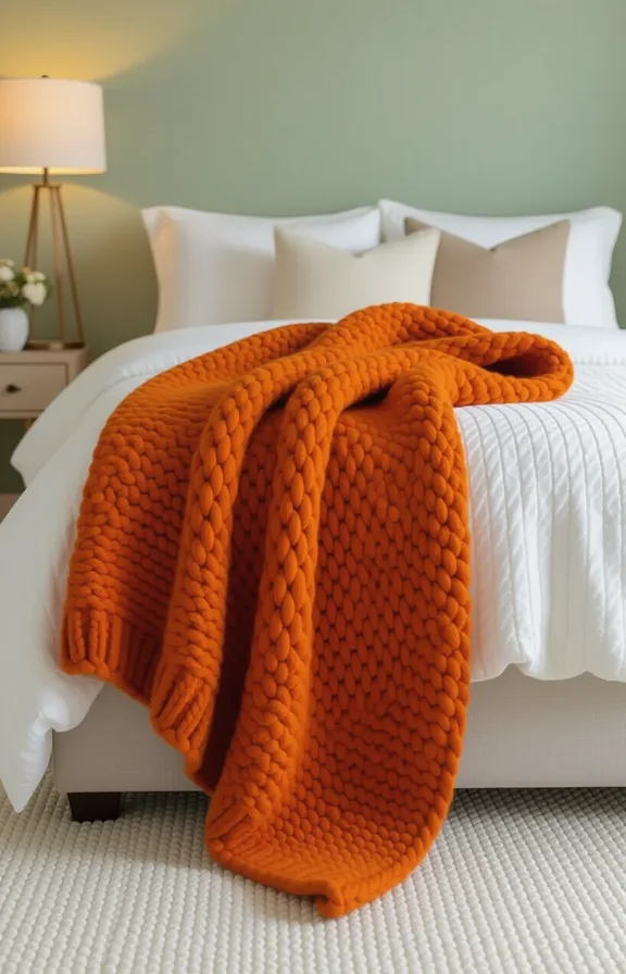 Medium shot chunky knit throw burnt orange hue