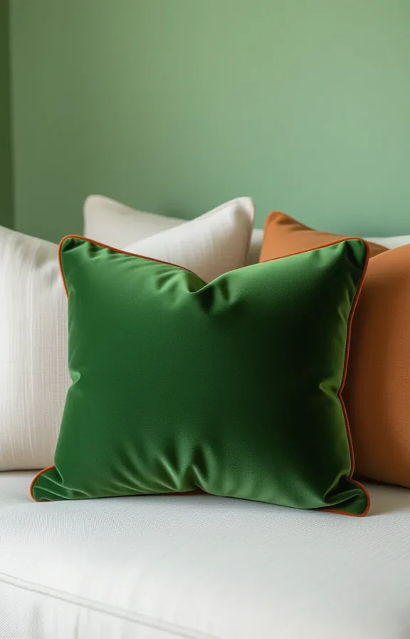 medium shot moss green velvet pillow with rust