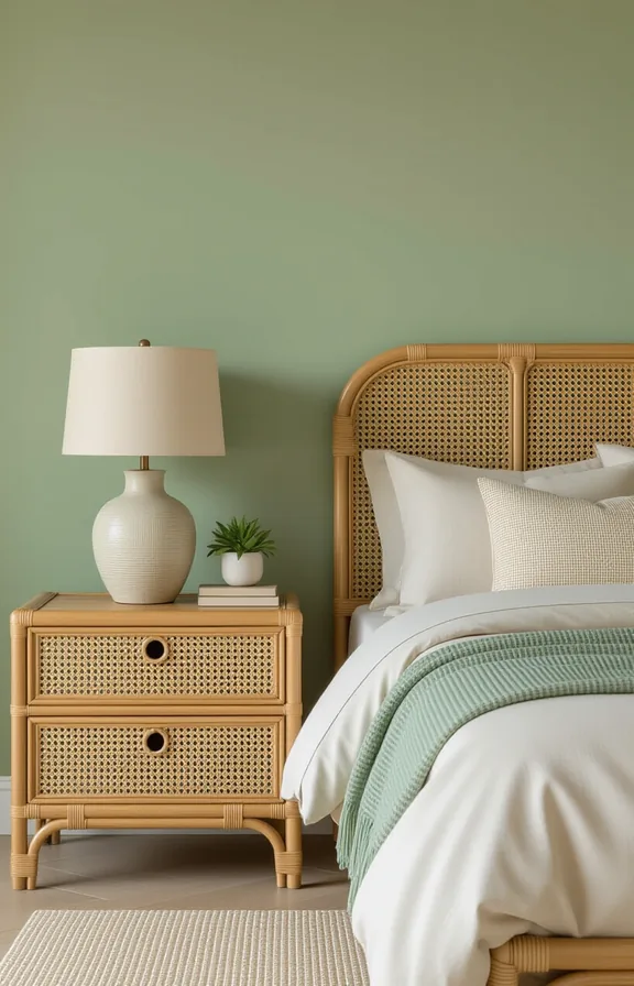 3/4 view two woven rattan nightstands with simple
