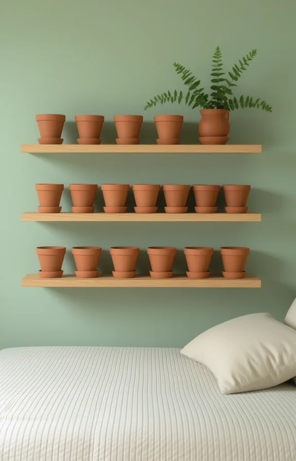 Medium shot collection small rust-coloured terracotta pots arranged
