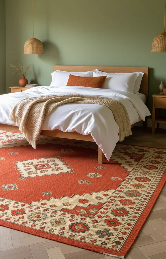 Medium shot large handwoven terracotta rug with subtle