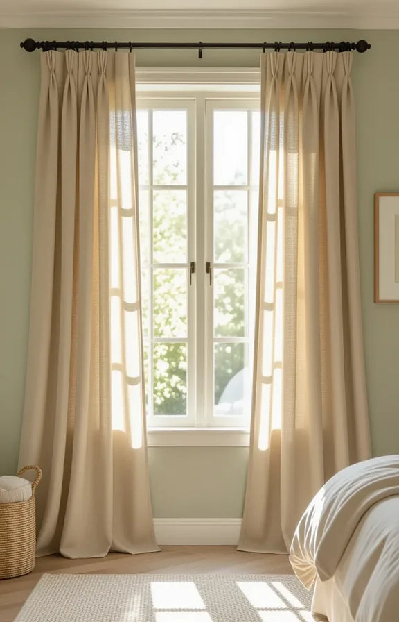3/4 view floor-to-ceiling ochre linen curtains framing bedroom