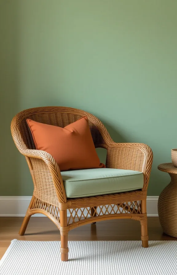 Medium shot vintage wicker armchair painted matte rust