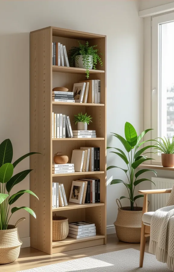 Eye-level medium shot tall slim freestanding bookcase compact