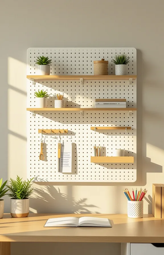 Eye-level medium shot white perforated pegboard wall compact