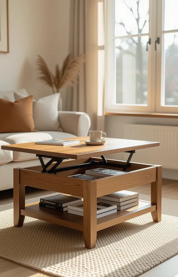 3/4 view medium shot square wooden coffee table