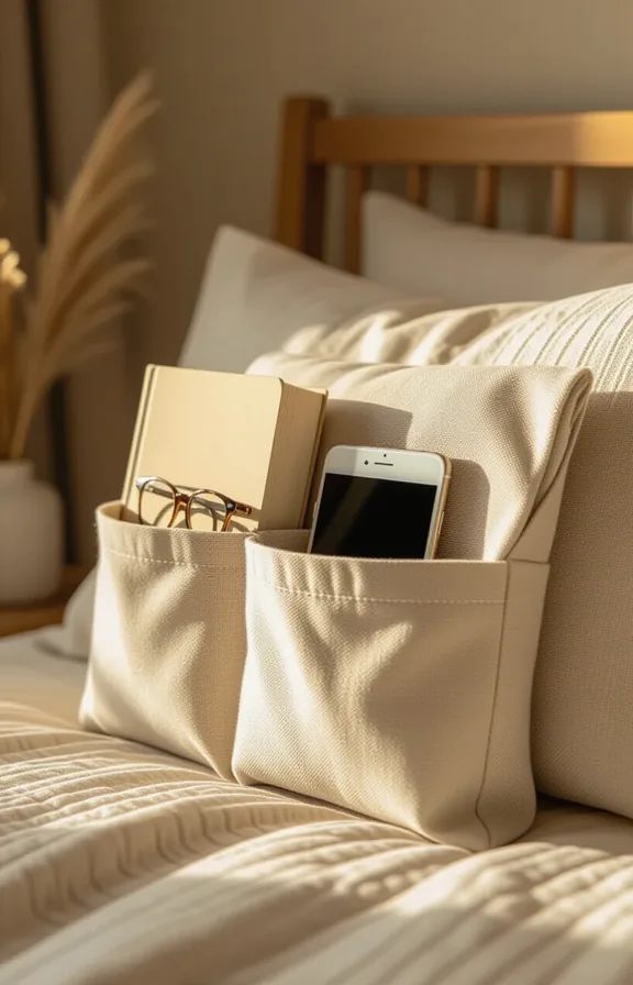 3/4 view fabric hanging bedside caddy attached bed