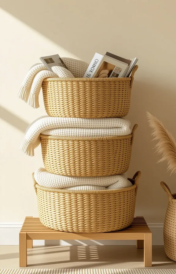 Eye-level medium shot three stackable woven seagrass baskets