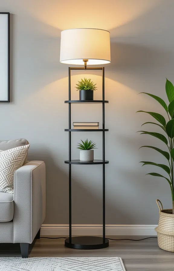3/4 view medium shot tall black floor lamp