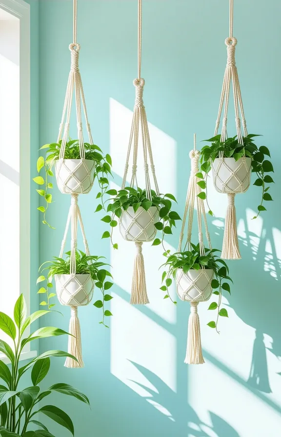 Eye-level wide shot grid macrame plant hangers suspended